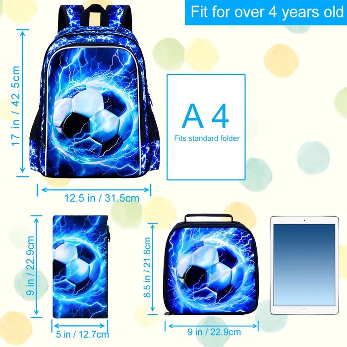17 Inch School Bag Lunch Bag Set For Teens Water Resistant Soccer Pattern Fits Boys Men
