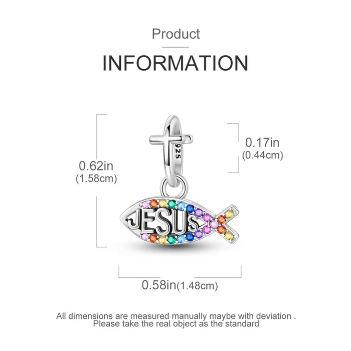 925 Sterling Silver Jesus & Fish Pendant Fits Bracelet Diy Gift