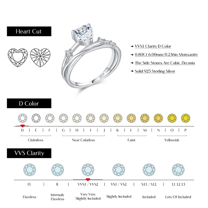 925 Sterling Silver Romantic Heart Moissanite Rings0.8Ct D Colour Multi-Layer Design