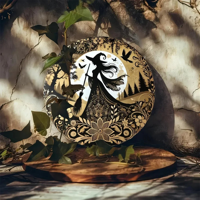 8X8 Inch Gothic Witch Metal Sign Circular Flower Wreath Decor