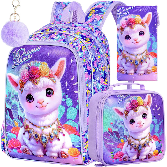 3 Piece Alpaca Backpack Set For Girls 16 Inch Elementary School