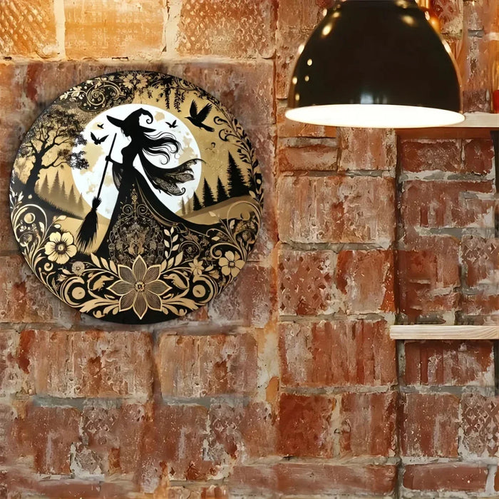8X8 Inch Gothic Witch Metal Sign Circular Flower Wreath Decor