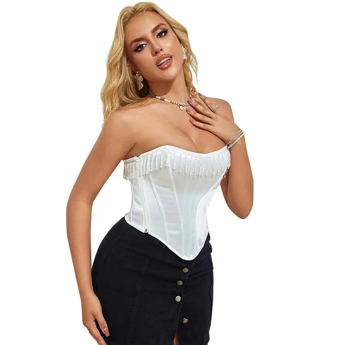 White Frill Retro Satin Overbust Corset Plus Size S-Xxxl Zip & Lace Up Boned Rhinestone Tassel