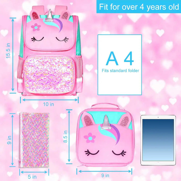 3 Piece Sequin Unicorn Dinosaur Design 15 Inch Bookbag Backpack Set For Kids