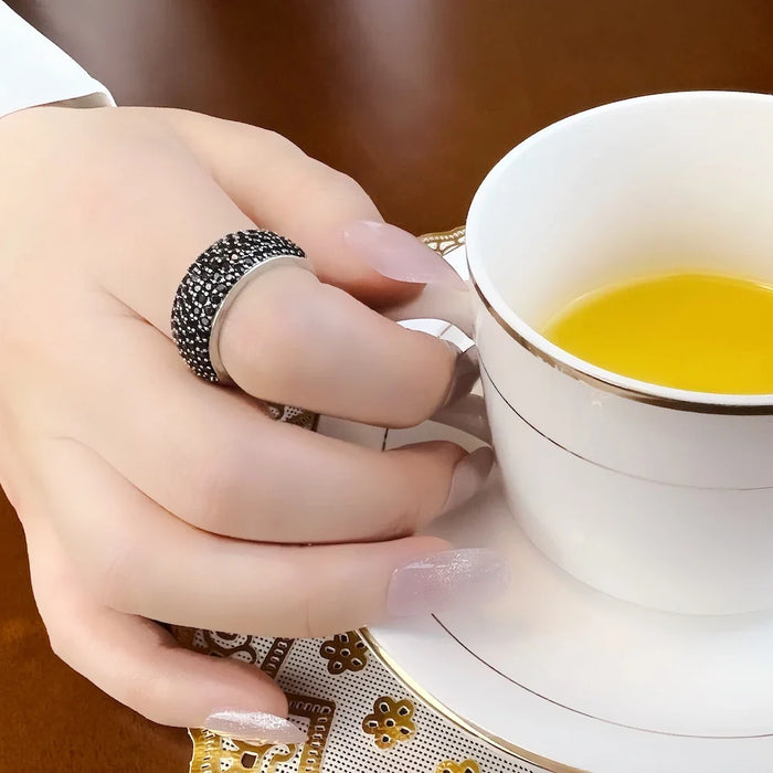 925 Sterling Silver Black Pave Band Ring Classic Europe Style Fine Jewelry For Men & Women