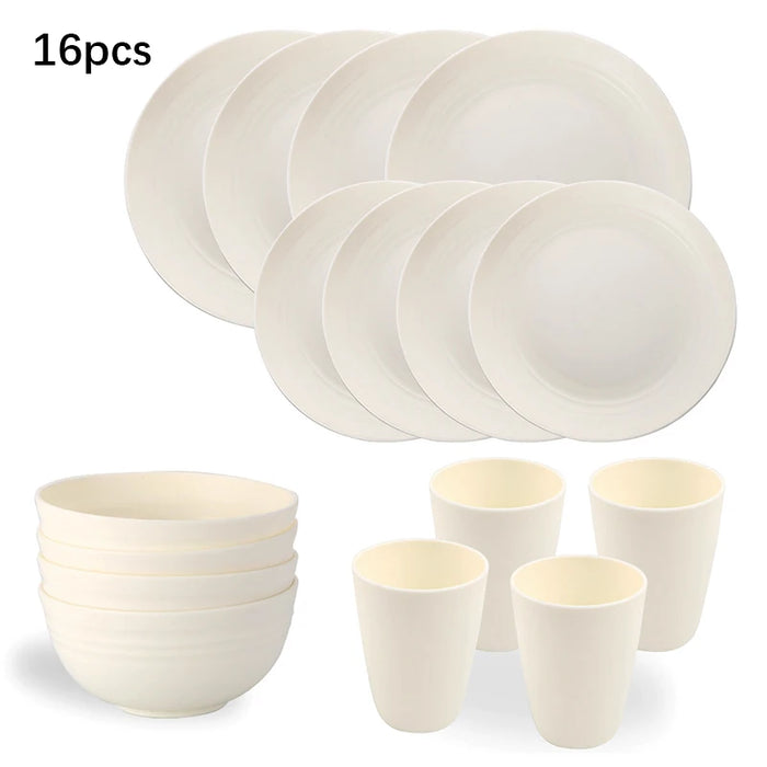 4 / 16 Piece White Plastic Tableware Set Plates Bowls Cups Fruit & Dessert