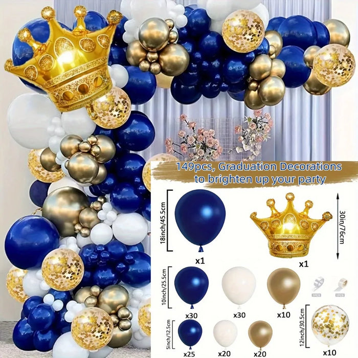 149Pcs Blue Gold Balloon Arch Garland Set Crown Foil Balloon Birthday Party Anniversary Graduation Decoration Supplies