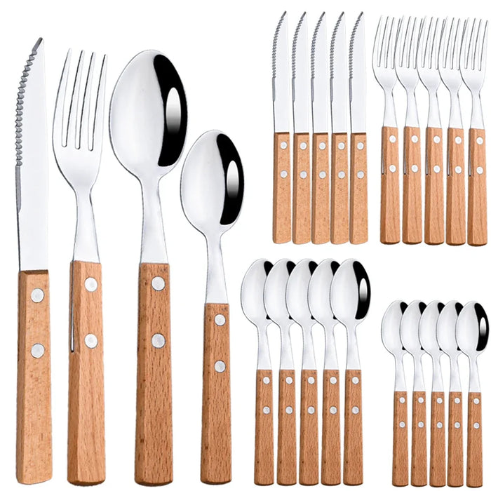 24 Piece Stainless Steel Cutlery Set With Wood Handles