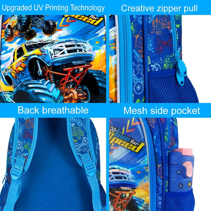 3 Piece Boys Backpack Set 16 Inch Cars Bookbag Lunch Box Elementary School