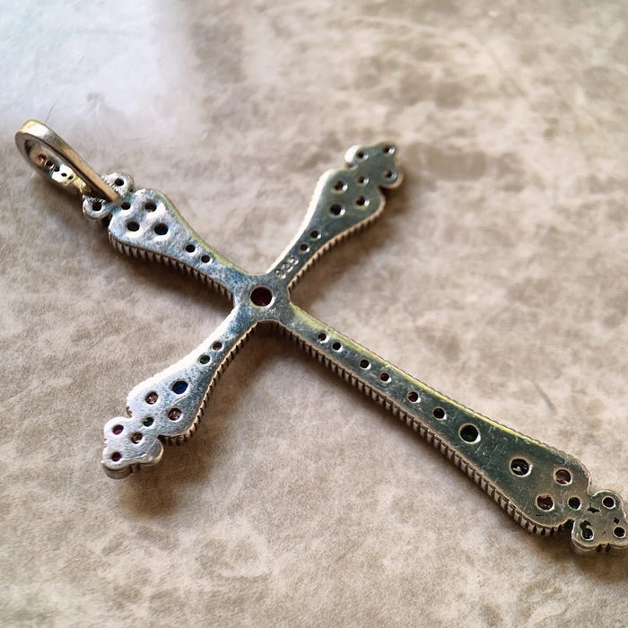 925 Sterling Silver Bohemian Cross Pendant Colourful Victorian Jewelry For Women