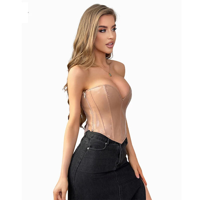 Vintage Gothic Leather Bustier Top Deep V-Neck Invisible Zipper Push Up Strapless