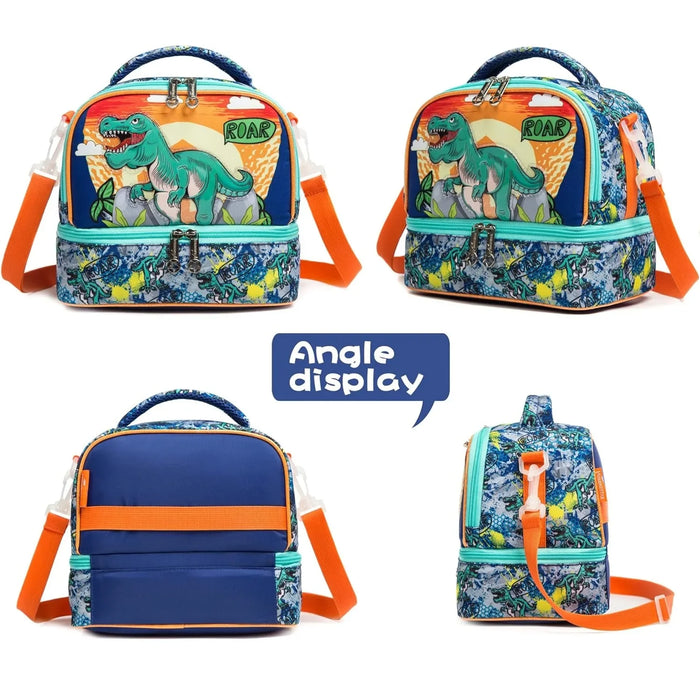 Insulated Bento Cooler Bag For Kids 2 Compartments Adjustable Strap