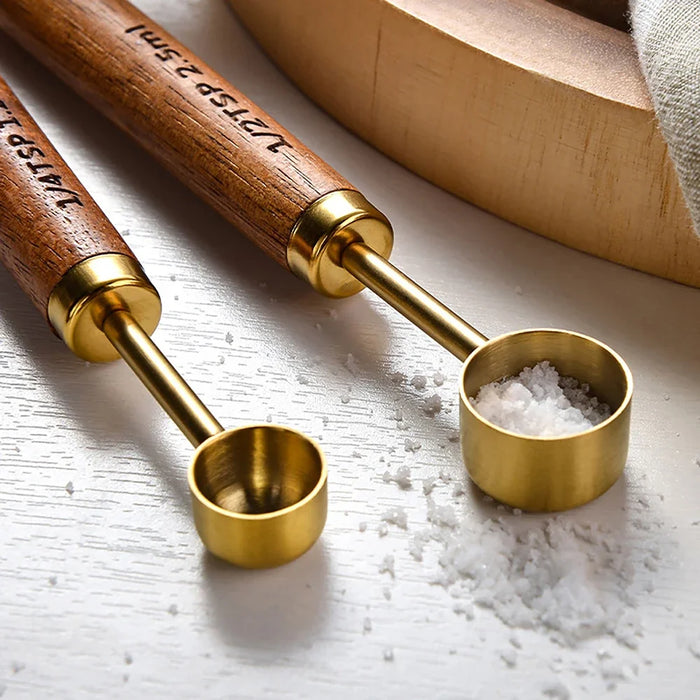 8 Piece Gold Stainless Steel Measuring Set With Wooden Handles
