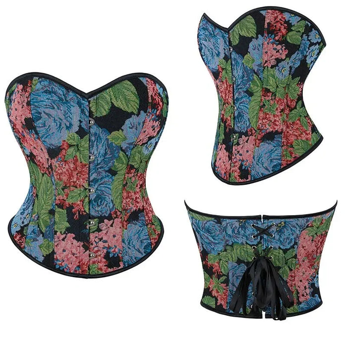 Floral Embroided Backless Gothic Corset Front 5 Busk Back Lace Seamless & Oil Painting Design