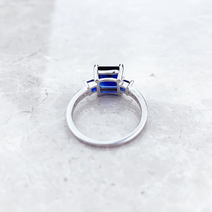925 Sterling Silver Blue & White Square Stone Cocktail Ring Europe Style Fine Jewelry For Women
