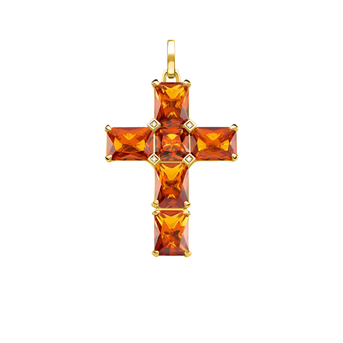 925 Sterling Silver Orange Stone Golden Cross Pendant Jewelry For Women