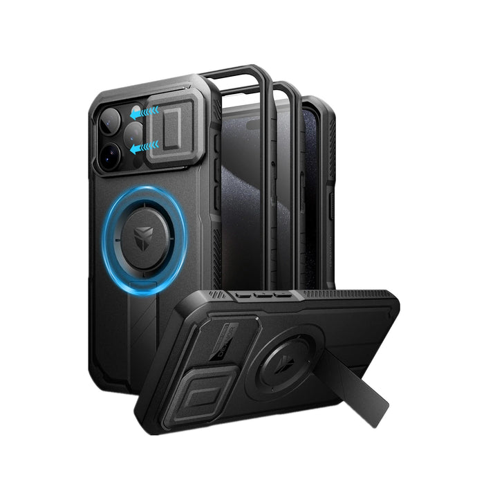 For Iphone 15 Pro Max Rugged Armor Shockproof Case With Built-In Sliding Camera Case And Built-In Screen Protector Kickstand