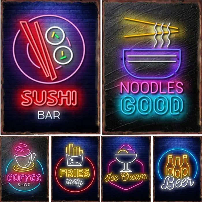 Retro Neon Food Sign Fast Food French Chips Fine Wine Coffee Shop Art
