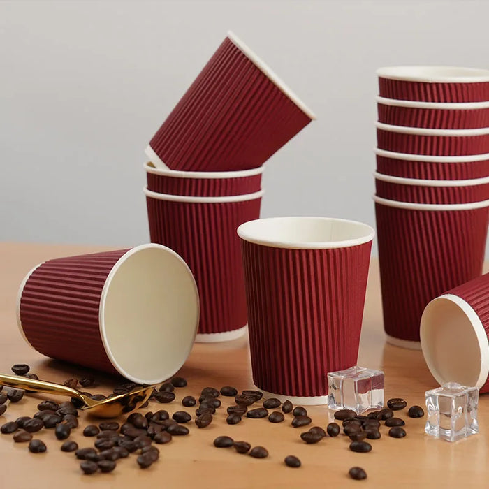 25Pc 8Oz Burgundy Double Wall Insulated Paper Coffee Cups With Lids Portable & Disposable