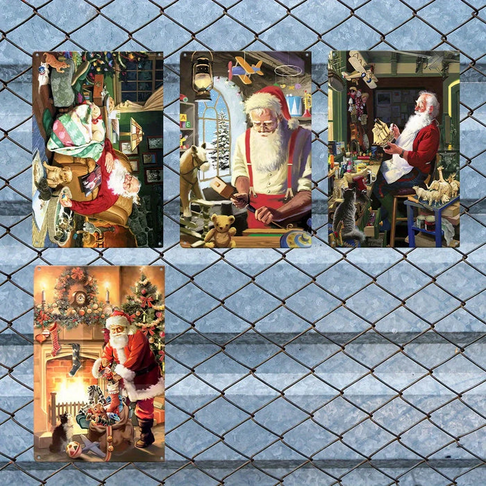 Santa Claus Metal Sign 4Pc Christmas Decor Set
