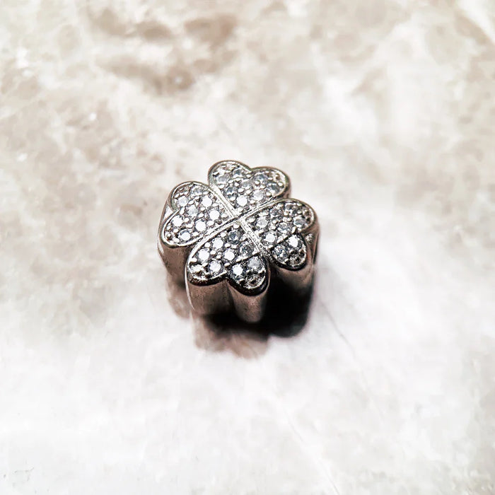 925 Sterling Silver Cloverleaf Beads White Stone Lucky Charms For Europe Bracelets