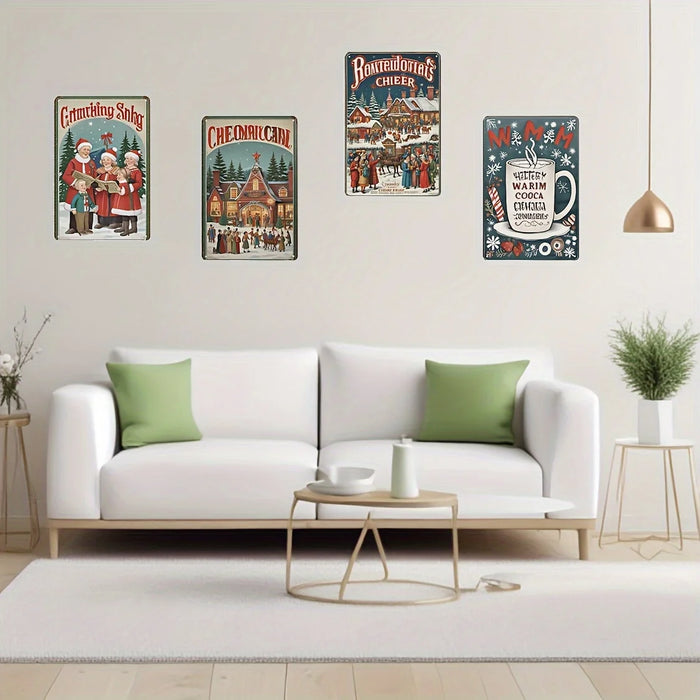 Set Of 4 Vintage Metal Christmas Tin Signs