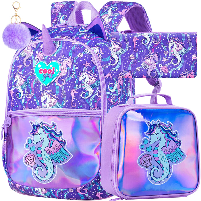 3 Piece Girls 16.5 Inch Seahorse Backpack Set For School