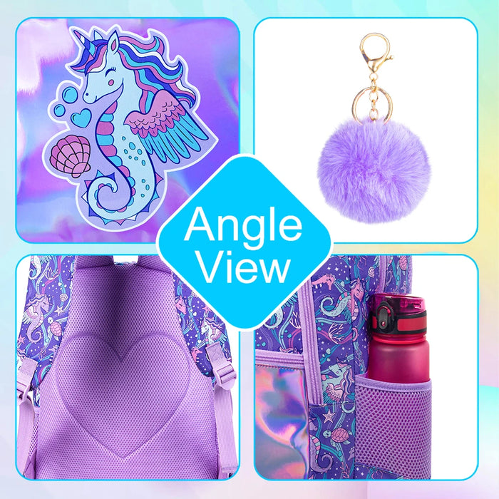 3 Piece Girls 16.5 Inch Seahorse Backpack Set For School