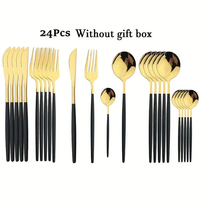 24 Piece Black & Gold Stainless Steel Cutlery Set Ideal For Festive Occasions & Dinners
