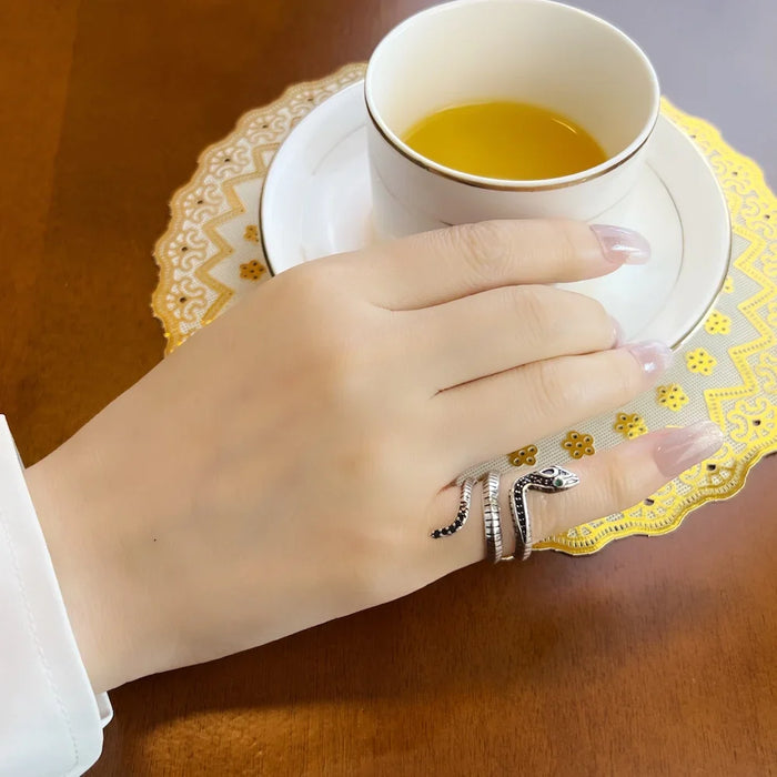 925 Sterling Silver Europe Style Black Stone Snake Ring Fine Jewelry For Women