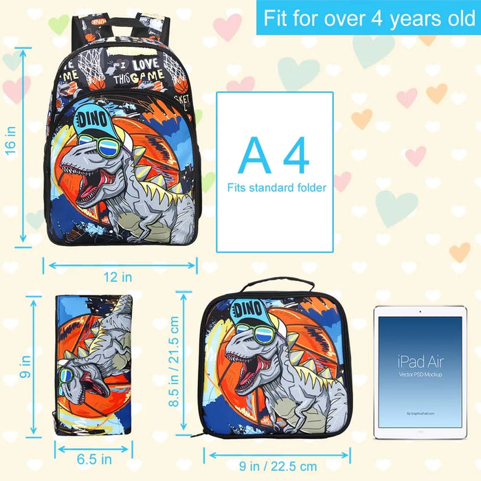 16 Inch Dinosaur Backpack Lunch Box Set For Little Kids