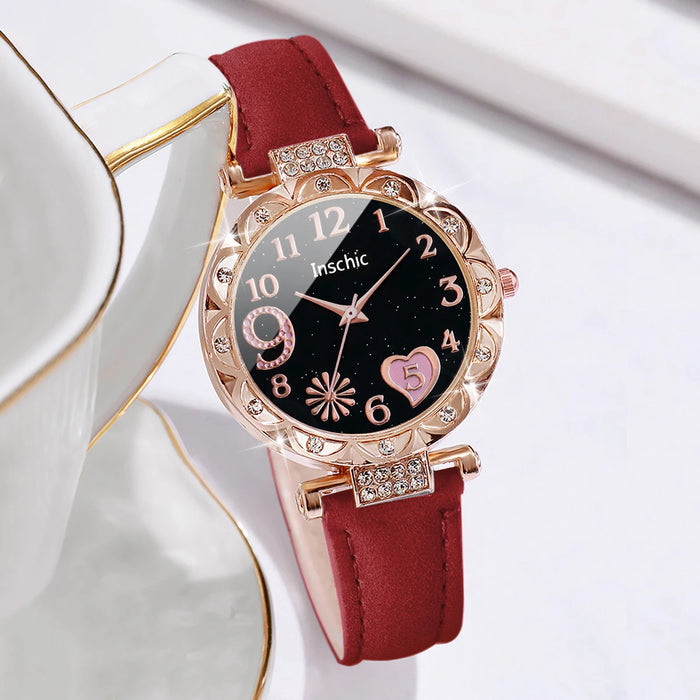 6 Piece Heart Dial Leather Band Watch Set