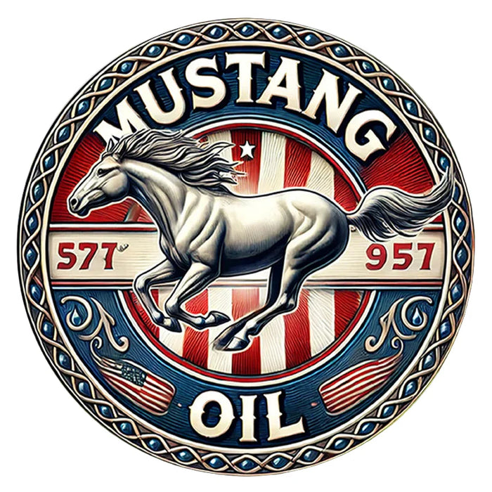 Vintage Round Metal Sign Mustang Oil Design