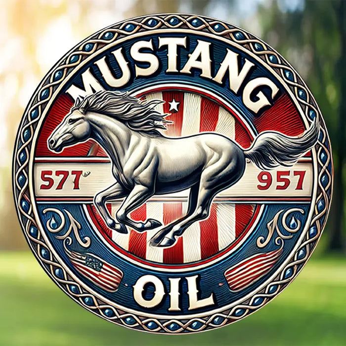 Vintage Round Metal Sign Mustang Oil Design