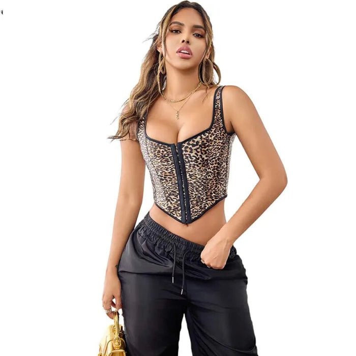 Fishbones Women Leopard Print Shoulder Strap Vest Tank Top Xs-Xl Corset With Hook & Eye