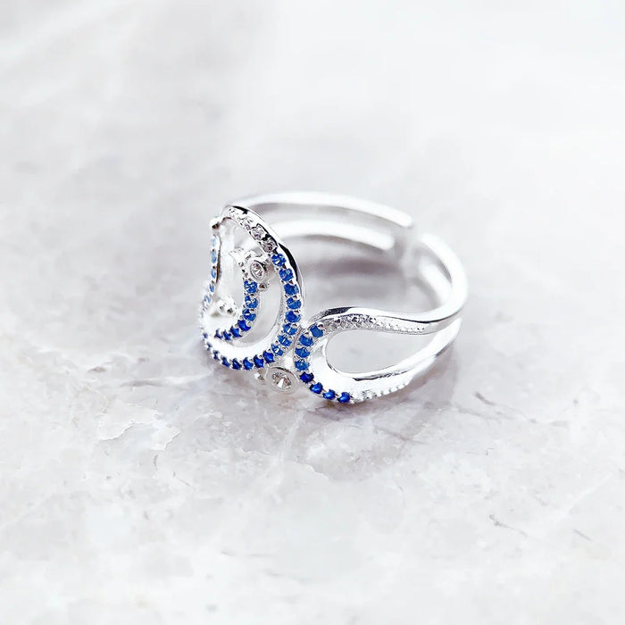 925 Sterling Silver Blue Stone Wave Cocktail Ring Real For Women