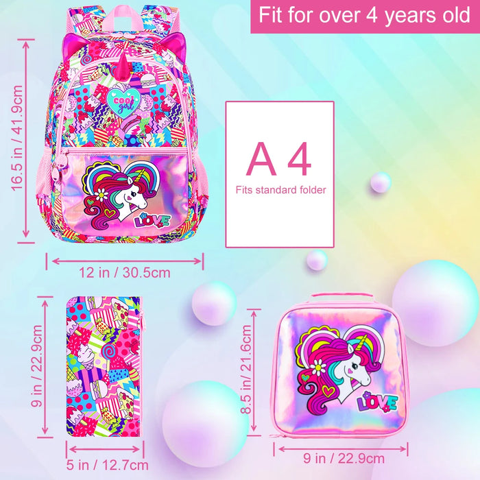 3 Piece Unicorn Backpack Set For Girls 16.5 Inch Rainbow Bookbag Lunch Box Waterproof Lightweight