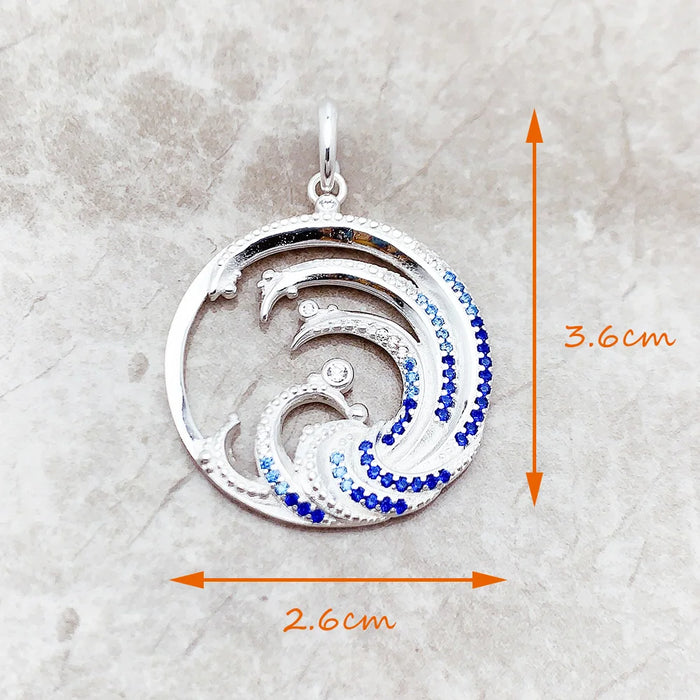 925 Sterling Silver Blue Stone Wave Pendant Ocean Jewelry For Women