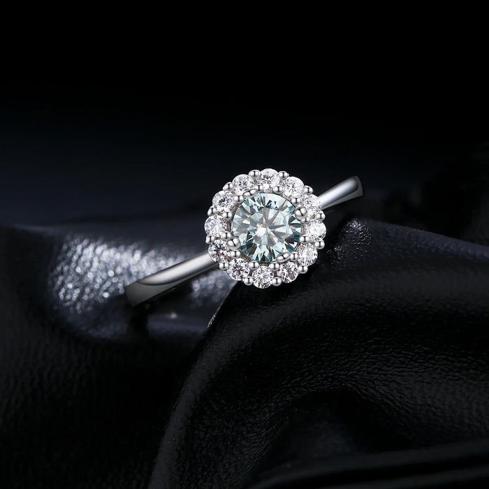 925 Sterling Silver Green Teal Moissanite Halo Ring