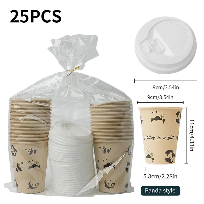25 Pack 12Oz Eco Friendly Paper Coffee Cups With Lids Cute Panda Design Disposable Takeout Drinkware