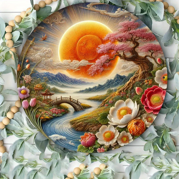 8X8 Inch Round Metal Wall Art Spring Floral & Landscape Weather-Resistant Hd Print Easy Hang Home Garden Cafe Bar