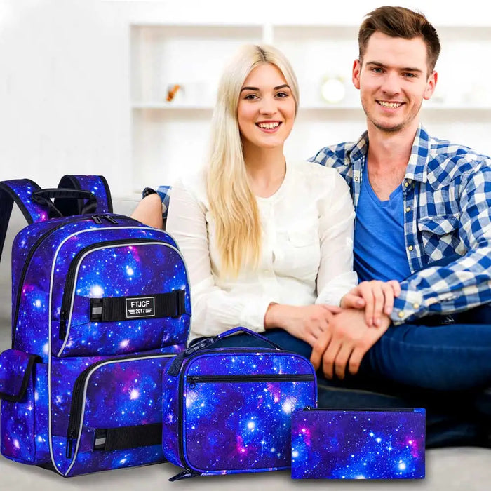 3 Piece Galaxy Backpack Set For Teens 17 Inch Laptop Water Resistant With Lunch Box