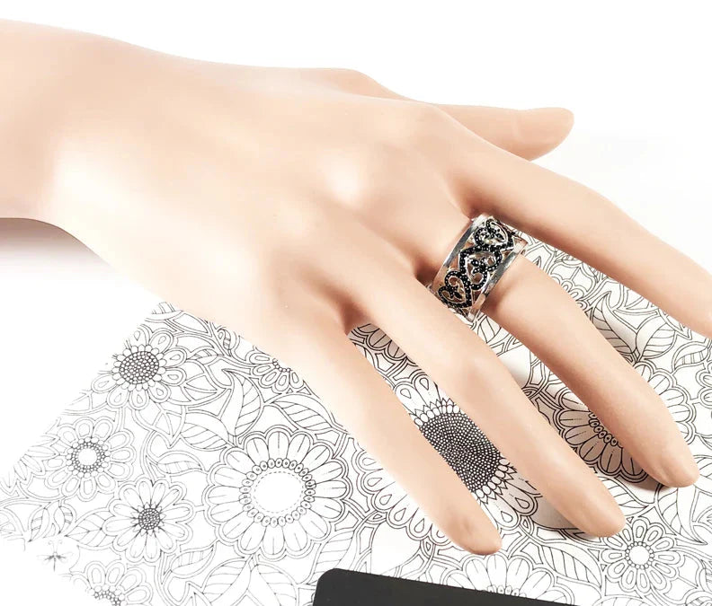 925 Sterling Silver Black Arabesque Hearts Band Ring European Style Women Jewelry