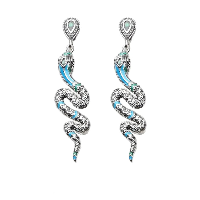 925 Sterling Silver Blue Snake Drop Earrings Handcrafted Bohemian Style Jewelry For Women