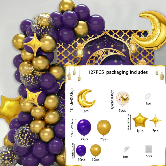 127Pcs Eid Purple And Goldballoon Arch Set Suitable For Decorating Family Gatherings Birthday Parties And Other Scenes During Eid