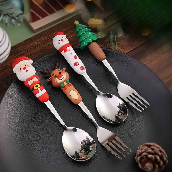 4 Piece Christmas Cutlery Set Stainless Steel Spoon & Fork With Cartoon Doll Design