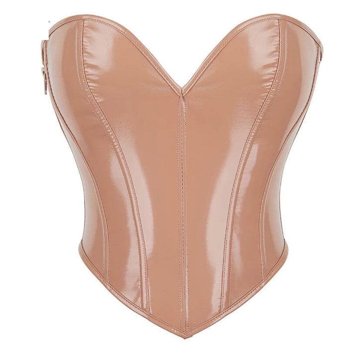 Vintage Gothic Leather Bustier Top Deep V-Neck Invisible Zipper Push Up Strapless