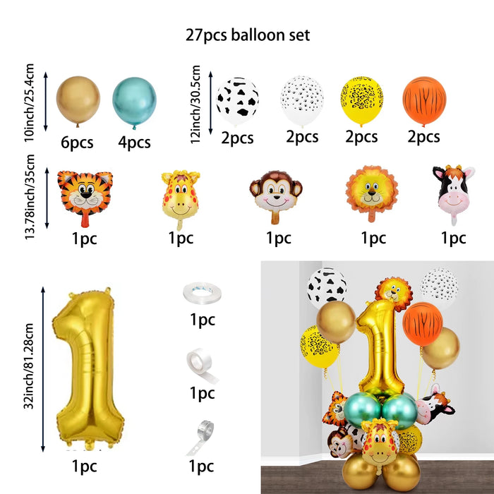 27Pcs Animal Balloons Gold Digital Balloons Jungle Animal Themed Birthday Party Decorate Anniversary Party