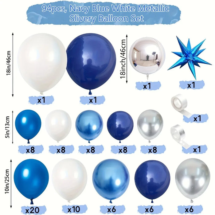 94Pcs Navy Blue White Metal Slender Balloon Garland Set Suitable For Graduation Retirement Wedding Party Birthday Celebration