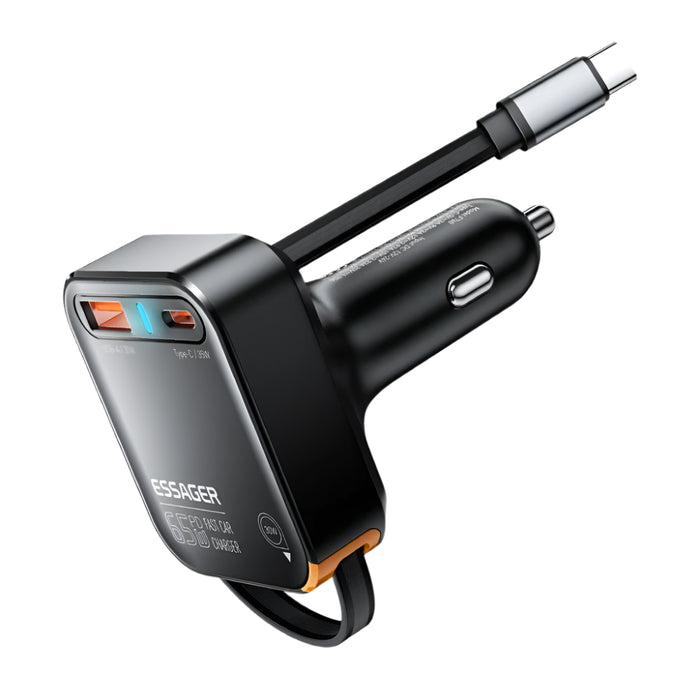 65W Usb C Retractable Cable Car Charger 3 Ports Pd3.0 Qc3.0 30W Fast Charging For Iphone 16 15 Ipad Samsung S24 Xiaomi